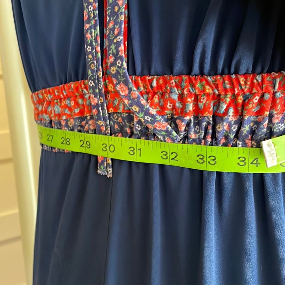 Vintage GODDESS DRESS 1970s Maxi blue & reds L - Picture 11 of 13